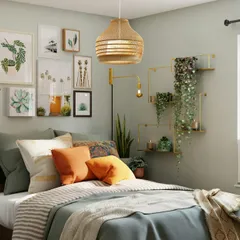Um quarto com paredes em verde suave, têxteis em camadas e plantas penduradas