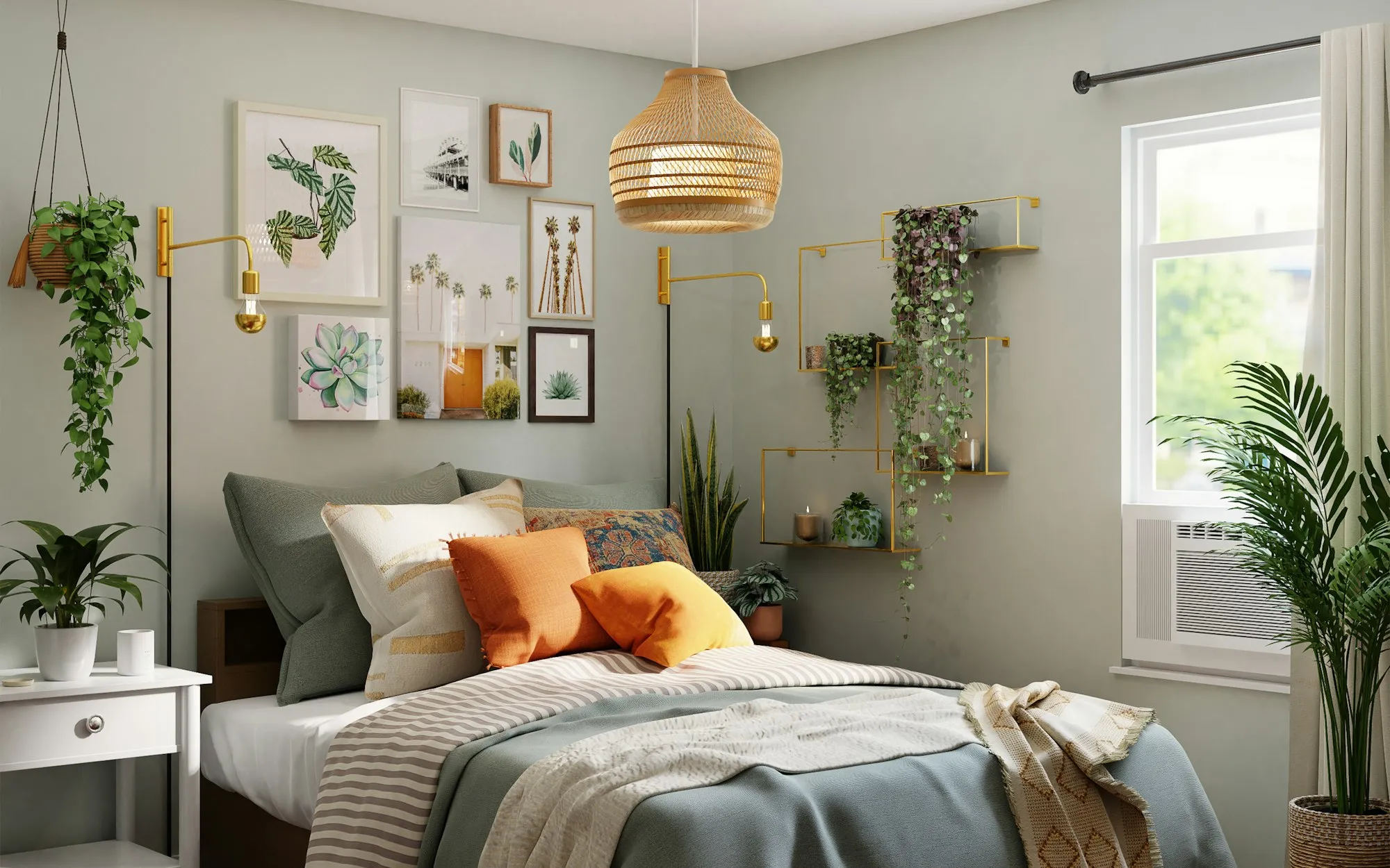 Um quarto com paredes em verde suave, têxteis em camadas e plantas penduradas